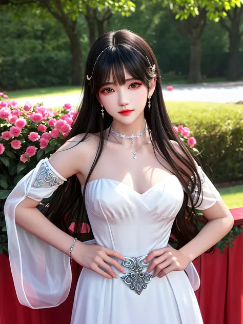 Best quality、tmasterpiece、A high resolution、1girll、perfect body figure ：1.4，Delicate collarbones，beautiful make up，Exquisite and perfect facial features，white dresses、Bandeau dress、Sheer silk porcelain dress、(middlebreast:1.1)、hair adornments、looking at vi...