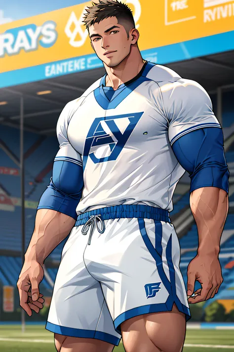 Draw a full-fledged athlete，Stand on the central field of the gym，He wears high-end sportswear，The man looks confident and determined，rays of sunshine，cheerful big breasts，Handsome，Crew cut，full bodyesbian，shooting from below，