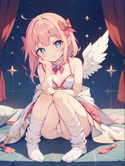 (1girl in:1.2), (Solo:1.2), masutepiece, nffsw、Shaders、Brilliant Textured Work、Ultra-detailed eyes、ultra-intricate pupil in eyes、top-quality、Pink hair、Angel costume、Circle of Angels、the angels wings、Angel wings、loose socks、Emphasis on the feet、seducting sm...