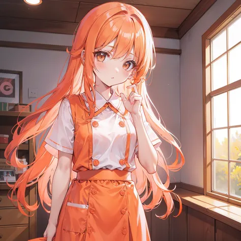 Long light orange hair，Wearing an orange-pink nurses uniform，Petite and sweet girl