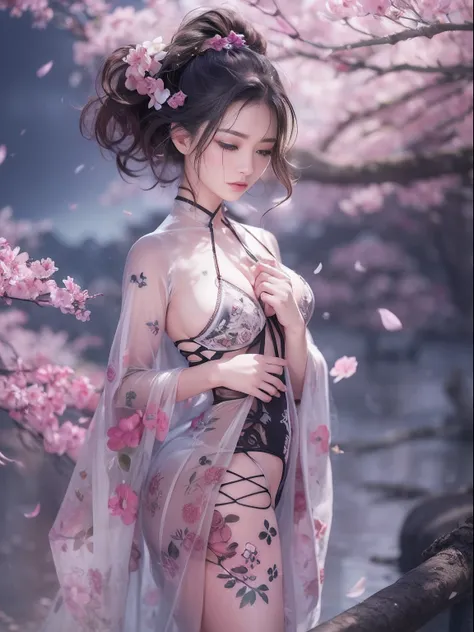 loose outfit、Show shoulders、Navel Ejection、How to wear a gown with a dark see-through halter neck broken、Decorated with intricate patterns and dark colors、Transparent material that makes the skin shine、Artistic depiction of seductive woman in gown with wet...