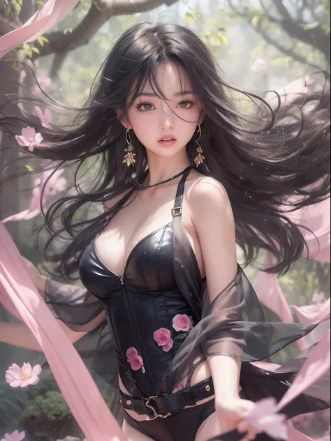 Holding a large see-through stole with pale pink floral pattern with both hands、Swaying in the wind。dark color、shackle、Halter Neck Bodysuit、Rubber Suit Corset、garterbelts、Upper eye、light-colored skin and loose navel skin,,,,,,,,,,,,,,,,,,,,,,,,,。Skirt flut...