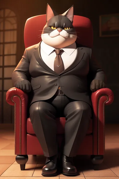 An old fat mafia tomcat sitting in a leather armchair, 3D video rendering, pixar character