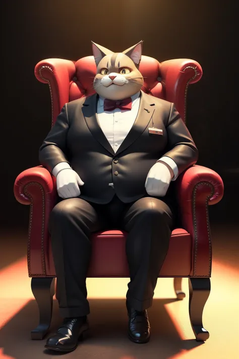 An old fat mafia tomcat sitting in a leather armchair, 3D video rendering, pixar character