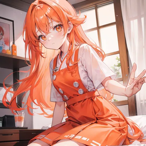 Long light orange hair，Wearing an orange-pink nurses uniform，Petite and sweet girl