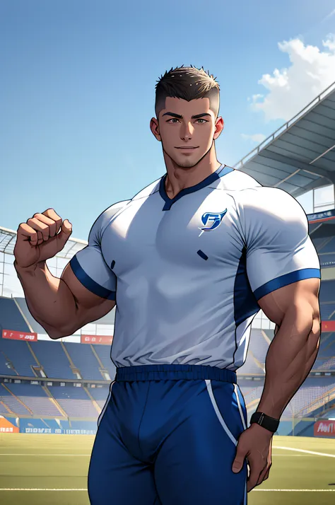 Draw a full-fledged athlete，Stand on the central field of the gym，He wears high-end sportswear，The man looks confident and determined，rays of sunshine，cheerful big breasts，Handsome，Crew cut，full bodyesbian，shooting from below，