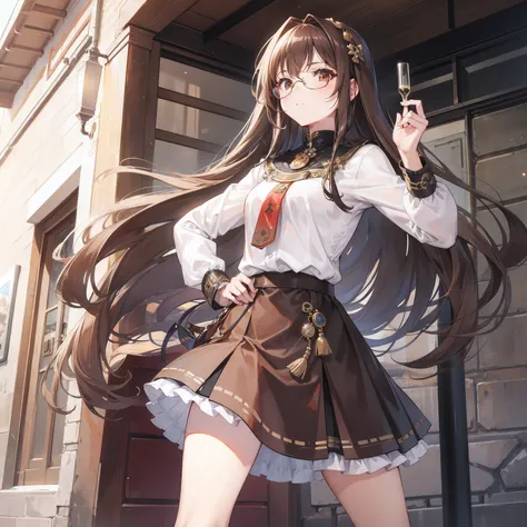 Long brown hair，Brown hip skirt，Imperial sister wearing glasses