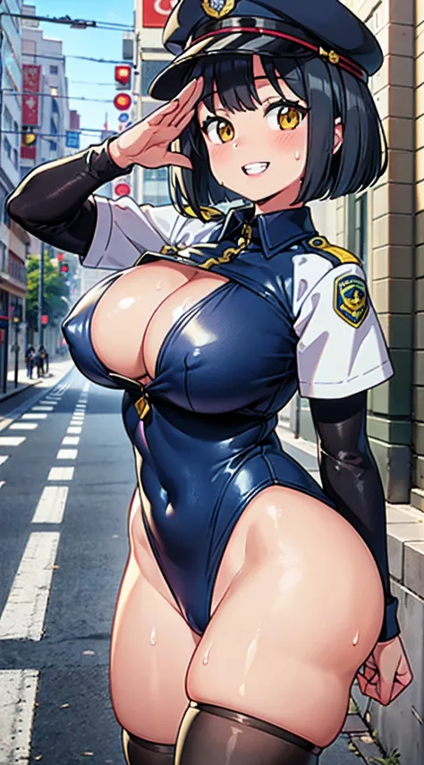 (Perfect body),Best Quality,(8K Portrait),(masuter piece)、(Official art),Police Woman、Police Hat、blush,Sweat,(((large udder)))、((Big ass))、(Navy blue leotard)、(White knee socks)、(Black hair),((bob cuts))、Yellow eyes,((thick thighs))、Adult Woman、Cowboy Shot...