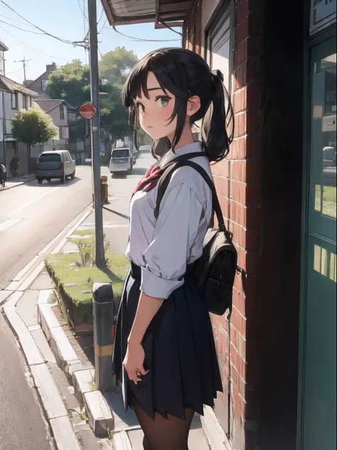 1girl, solo, beautiful, cute, school uniform, full body, beautiful background, country side village, at a bus stop, traffic sifnal, waiting for bus, shy, pretty,