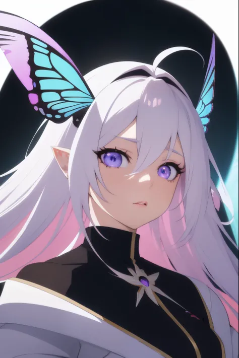 Anime girl with butterfly hair and white hair in the sky,Anime girl with butterfly hair and white hair in the sky,Close-up of a man dressed in white and purple, 2 d anime style, Stylized anime, highly detailed character, live2d virtual youtuber model, Anim...