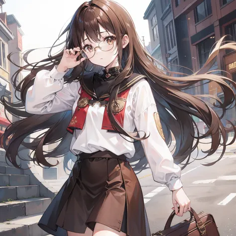 Long brown hair，Brown hip skirt，Imperial sister with glasses