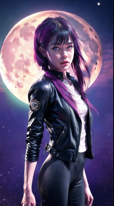 Blue eyes and vertical pupils, large moon，Dark style，Light purple woman，high ponytails，Black tight leather jacket