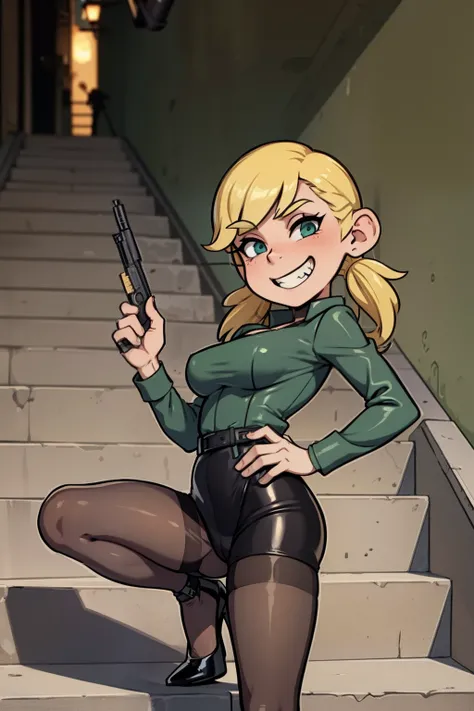 Lana Loud, large breasts, pig tail hairstyle, blonde hair,  mafia girl, holding a gun and pointing at you, evil grin, grinning, gun, pantyhose, lingerie, black leather jacket, high heels, green shirt, background : alleyways, stepping on the stairs