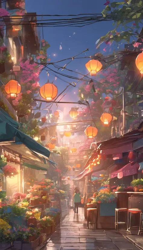 City flower shop, potted plants, flower, rainny night,water reflection puddle,oriental design, hanging lights , digital painting, sunset,wind up,concept art, illustration, intricate, many people, hanging lights, happy, beautiful colorful light, flower, pla...