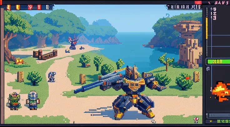 pixel game，character  design，super mecha，All kinds of artillery， Pixel art #pixelart