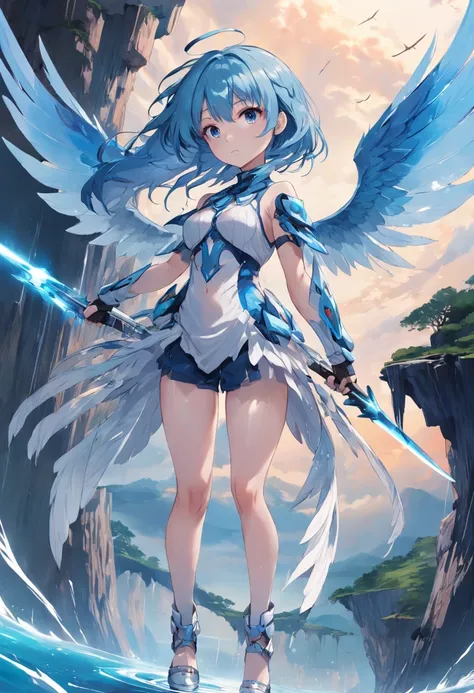 a girl,, 1, blue hair, transparent wings, (holding weapon:1.3), standing at the edge, floating islands, looking down, venusbody,