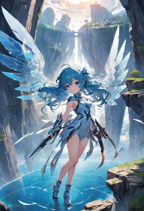 a girl,, 1, blue hair, transparent wings, (holding weapon:1.3), standing at the edge, floating islands, looking down, venusbody,