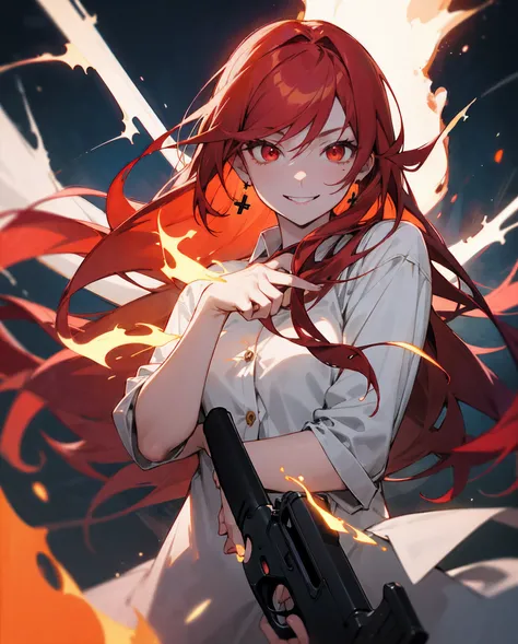 girl ainme, long red hair like a blazing fire, shining red eyes, white skin, cold face, wearing a white shirt, she is smiling, her bright smile is a bit crazy, the night seems to cover her  her, her hand holding a gun as if enjoying a wonderful work, weari...