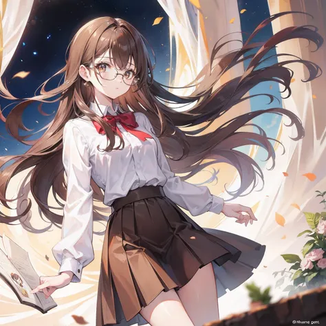 Long brown hair，Brown hip skirt，Royal sister with glasses