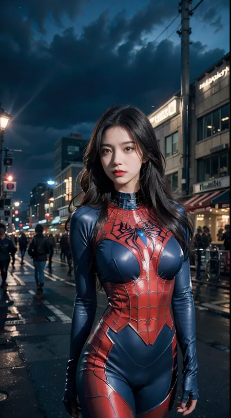 (wearing spiderwoman_cosplay_outfit:1.1), in front of a sky, (red and blue outfit:1.3),
good hand,4k, high-res, masterpiece, best quality, head:1.3,((Hasselblad photography)), finely detailed skin, sharp focus, (cinematic lighting), night, soft lighting, d...