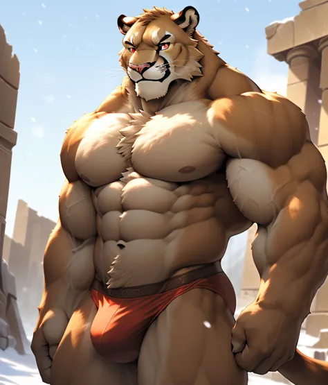 nj5furry, snowy sky, (a cougar, shirt, ripped muscles, topless, tiny red thong)), cream brown fur, ((full body)) male, kemono, ((extremely realistic shadows, masterpiece, extremely detailed, photorealistic), (( a cougar), ((All his fur is the same color) f...