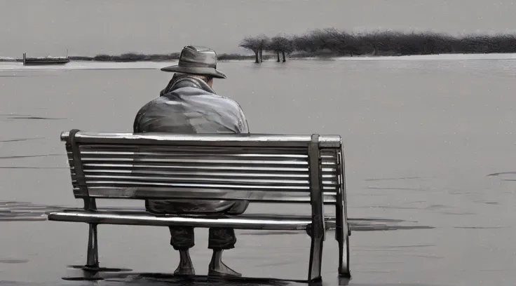 arafed man sitting on a bench looking out at a lake, pensive lonely, sad man, loneliness, lonely and sad, lost in thought, sitting alone, sad, sense of mystery and loneliness, solitude, contemplation, a very sad man, lonely, lonely atmosphere, he is all al...