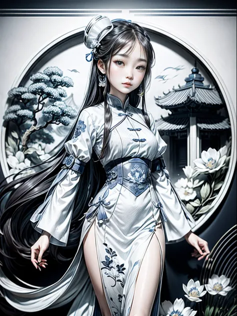 （Blue and white porcelain style：1.6），white backgrounid，1 Chinese girl with long hair，Oriental elements，reasonable design，Clear lines，（Linear，Mono Color）