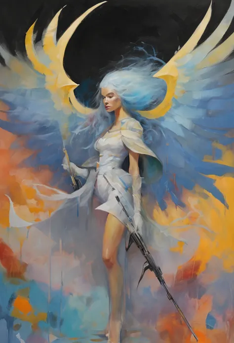 a girl,, 1, blue hair, transparent wings, (holding weapon:1.3), standing at the edge, floating islands, looking down, venusbody,