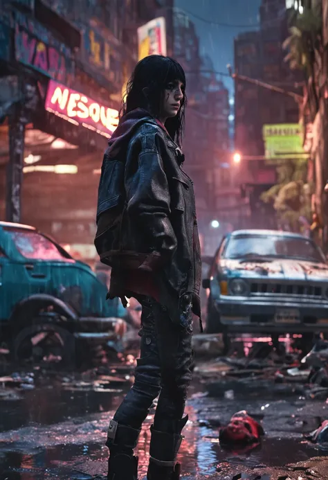 cute doll, avec manteau en cuir noir, ripped jeans, Armed Mars, with black hair scattered and wet, ((corps entier)),((visage parfait)), Dark place in downtown Raccon City of Night destroyed with zombies in the background, Social realism, realism, Ray Traci...