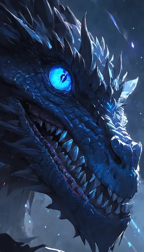 Black dragon close-up, Deep bright blue eyes, Winged, Planetary background, epic fantasy sci fi illustration, Epic fantasy digital art style, The dark colors are mainly black and blue, epic scifi fantasy art, 4K fantasy art, Amazing space creatures, fantas...