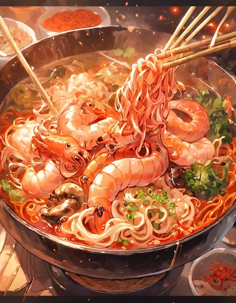 delicacies，Illustration style，Tempting appetite，autumnal，Autumn light close-up spicy noodles、White noodles、Thin noodles、Noodles make up the main body、Seafood mushrooms、Small octopus、Red oil、shrimps、Green peppercorns、Flower nails、chili pepper、vegetable、Chin...