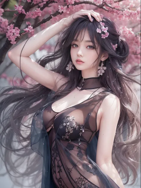 loose outfit、Show shoulders、Navel Ejection、How to wear a gown with a dark see-through halter neck broken、Decorated with intricate patterns and dark colors、Transparent material that makes the skin shine、Artistic depiction of seductive woman in gown with wet...