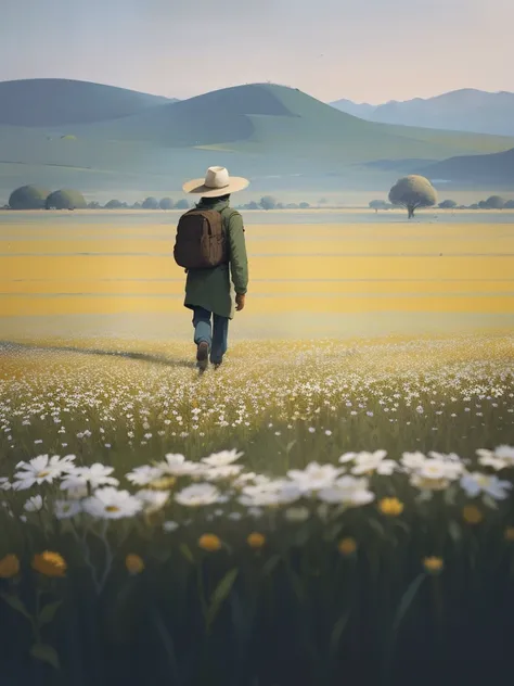 Draw a man in a hat walking through a flower field, dan mcpharlin, inspired by Jakub Schikaneder, author：Lee Jeon-suk, atey ghailan 8 k, author：Zhang Shengqi, girl walking in a flower field, atey ghailan and steve mccurry, author：Krzysztof Boguszewski