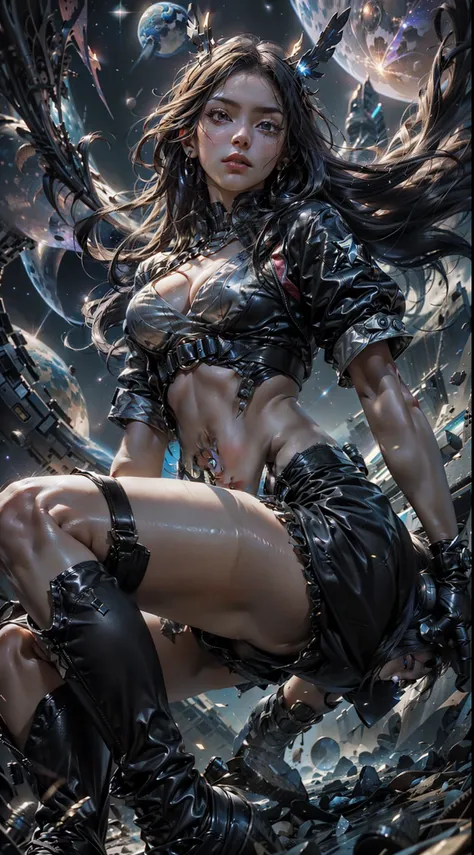 (maximum resolution: 1.2), (Ultra HDTV: 1.2), 8K resolution, Eye and skin detail, detailed facial features, , ( Sharp focus: 1.2), (Focus focus) face: 1.2), Girl standing, On 1 Planet, Pajamas, Outstretched arms, (long hair), Black hair, (spacescape), Many...