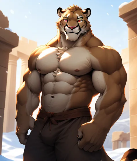 nj5furry, snowy sky, (a cougar, shirt, ripped muscles, topless, huge)), cream brown fur, ((full body)) male, kemono, ((extremely realistic shadows, masterpiece, extremely detailed, photorealistic), (( a cougar), ((All his fur is the same color) firm chest,...