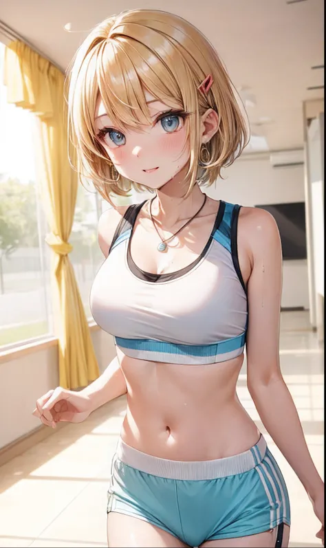 absurderes, ultra-detailliert,bright colour, extremely beautiful detailed anime face and eyes, (独奏:1.6), ;D, shiny_skin,25 years old, Short hair, , asymmetrical bangs, Blonde hair with short twin tails, Shiny hair, Delicate beautiful face, red blush,(lapis...