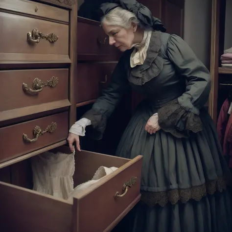 Theres a middle-aged woman staring at an empty drawer wearing clothes from the 1890s, usando roupas 1 8 9 0 s, wearing clothes from the 1890s, vestindo roupas 1 8 9 0 s era, usando roupas vitorianas, wearing clothes from the 1860s, usando roupas 1 8 8 0 s,...