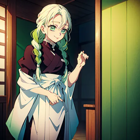 Kimetsu no Yaiba style, 1 girl, a hashira, pretty, white hair and green hair with a hint of blue at the ends, braided hair, cute, gentle, smiling