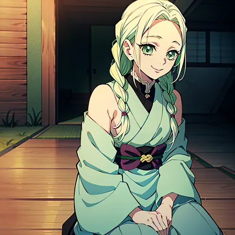 Kimetsu no Yaiba style, 1 girl, a hashira, pretty, white hair and green hair with a hint of blue at the ends, braided hair, cute, gentle, smiling