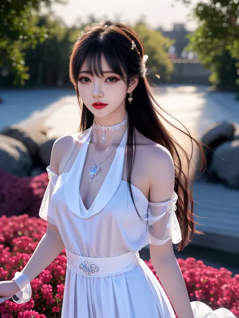 Best quality、tmasterpiece、A high resolution、1girll、perfect body figure ：1.4，Delicate collarbones，beautiful make up，Exquisite and perfect facial features，white dresses、Bandeau dress、Sheer silk porcelain dress、(middlebreast:1.1)、hair adornments、looking at vi...