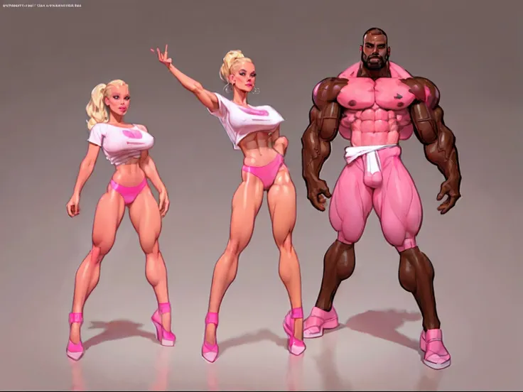 ((masterpiece)),(((best quality))),((character design sheet)), illustration,1man, boy, 1 girl, 1 woman, environment Scene change,  ((man is (crotch bulge:0.9), muscular, (pink skin:1.2), white tshirt, white underwear, masculine, rugged, manly, sharp edges,...