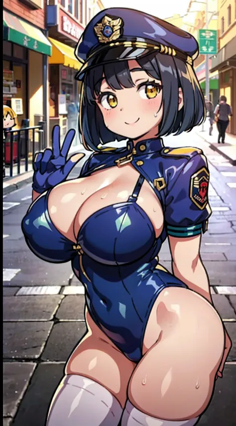 (Perfect body),Best Quality,(8K Portrait),(masuter piece)、(Official art),Police Woman、Police Hat、blush,Sweat,(((large udder)))、((Big ass))、((Navy blue leotard))、(White knee socks)、(Black hair),((bob cuts))、Yellow eyes,((thick thighs))、Adult Woman、Cowboy Sh...