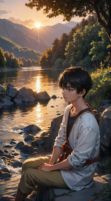 a boy sits on a stone by the river，looking into the distance，there was a hint of sadness in my heart，the expression is solemn，fa...