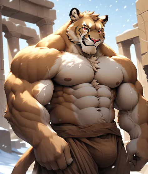 nj5furry, snowy sky, (a cougar, shirt, ripped muscles, topless, huge)), cream brown fur, (((All his fur is the same color: cream brown fur))) ((full body)) male, kemono, ((extremely realistic shadows, masterpiece, extremely detailed, photorealistic), (( a ...