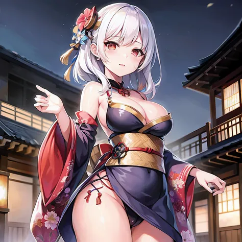 anime girl in a kimono outfit posing in front of a building, ayaka genshin impact, seductive anime girl, shikamimi, onmyoji portrait, ayaka game genshin impact, from girls frontline, white haired deity, japanese goddess, fine details. girls frontline, azur...