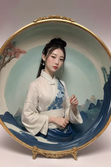 China-style，Oil paints，（Blue and white porcelain style：1.4），（hanfugirl：1.5），ancient china art style