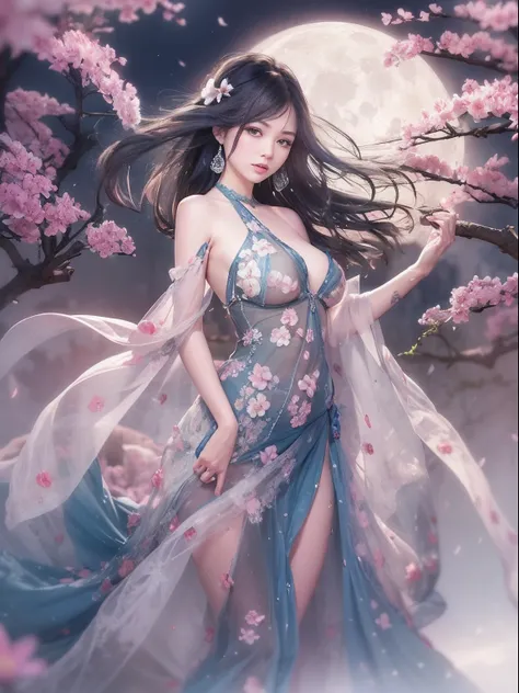 loose outfit、Show shoulders、Navel Ejection、How to wear a gown with a dark see-through halter neck broken、Decorated with intricate patterns and dark colors、Transparent material that makes the skin shine、Artistic depiction of seductive woman in gown with wet...