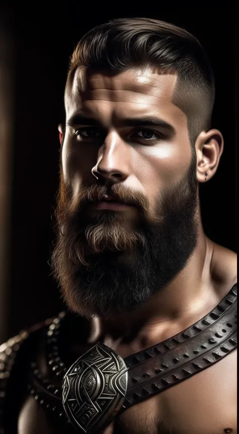 Um guerreiro viking loiro com barba cabelo raspado nas laterais com tatooagens tribais um colar tribal olhos azuis jovem musculoso, bonito, heroico, Realistic, Charismatic, Muitos detalhes, Tema Fantasia Medieval Realismo, Cinematic lighting, super detalhe