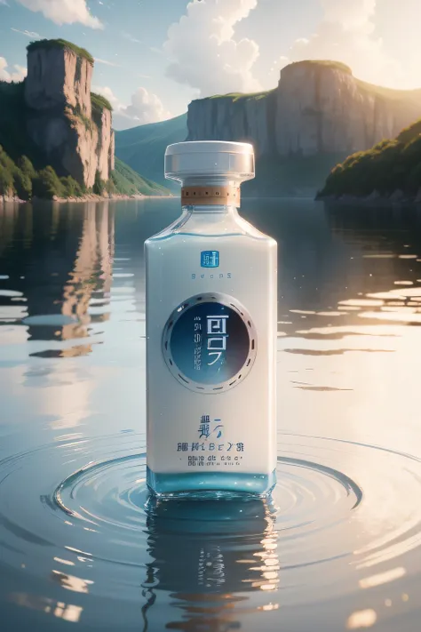 A product image，The product is reflected on the surface of the water，Super delicate，Beautiful skies and clouds，Rich natural scenery，sheer cliffs，Lakes and rivers，Waterfall flying water，Aoyama is beautiful，Background bokeh，The depth of field is full，HDR hig...