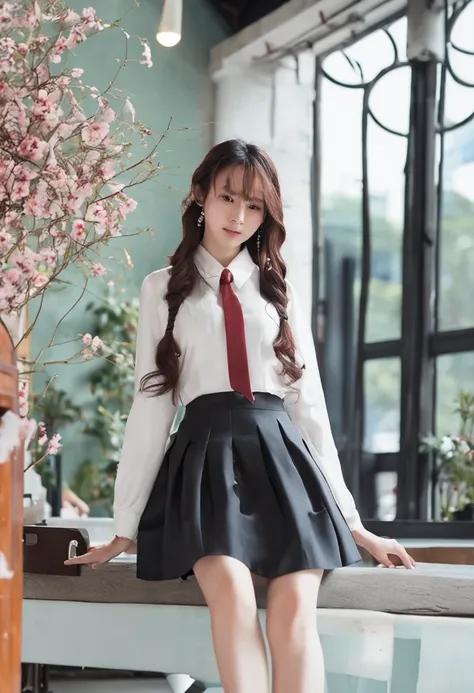 hu tao， 1girll， 独奏， （（white  shirt））， office backdrop， white  skirt， pleatedskirt， office room， hair between eye， with brown eye， Flower pupils， long whitr hair， looking at viewert， 独奏， upper legs， long whitr hair， （（tmasterpiece））， Sat down， a chair， insi...